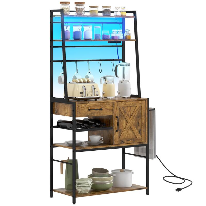 Baker's Rack with Power Outlet and LED Lights, Coffee Bar with Storage Shelves, Industrial Microwave Stand
