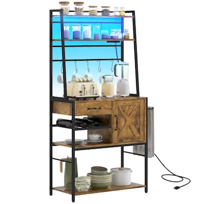 Baker's Rack with Power Outlet and LED Lights, Coffee Bar with Storage Shelves, Industrial Microwave Stand
