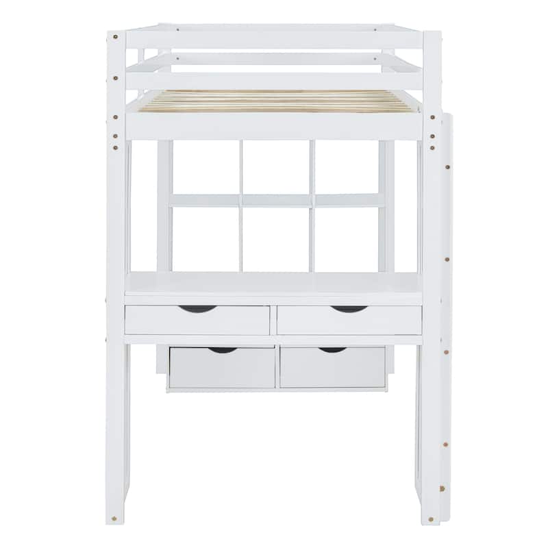 Twin Size Solid Wood Loft Bed with large shelves, writing desk and LED Light for Bedroom