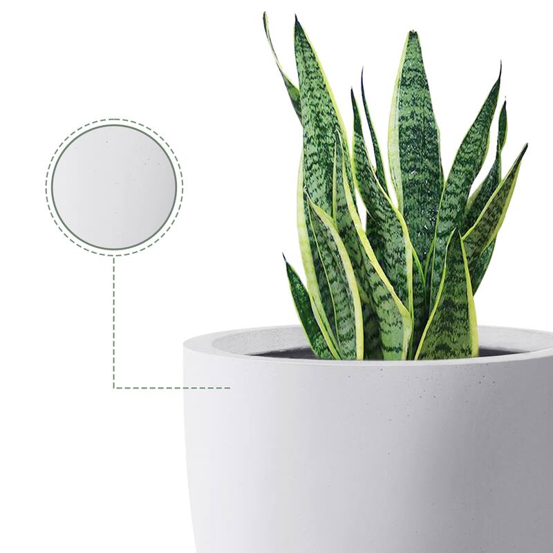 Plantara 13" D Round Solid White Concrete Modern planter, Outdoor Flower pot, Plant pot with Drainage Hole, plug for Garden