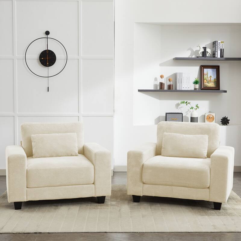 Corduroy Widened Single Sofa Chair, A Extra Lumbar Pillow - 2 Pieces - Off White