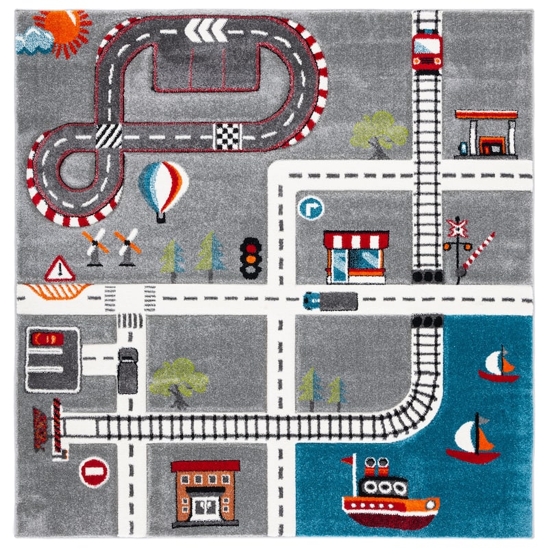 SAFAVIEH Carousel Kids Koika Neighborhood Road Rug - Grey/Ivory - 6'7" Square - Square
