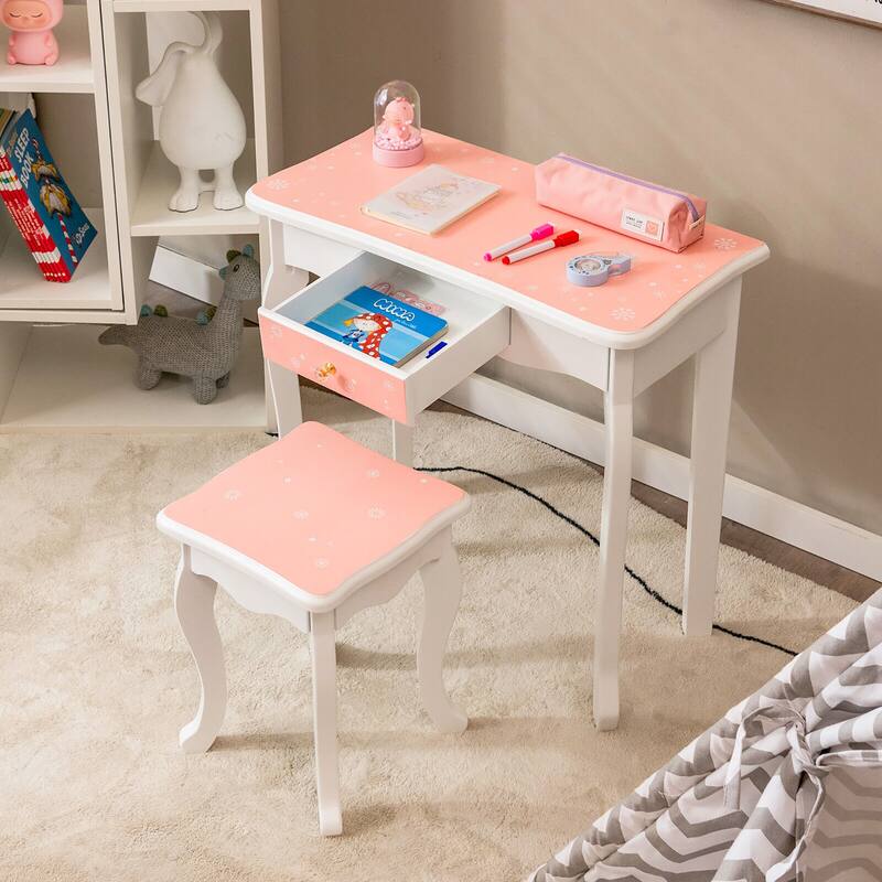 Gymax Kid Vanity Set Wooden Makeup Table Stool Tri-Folding Mirror
