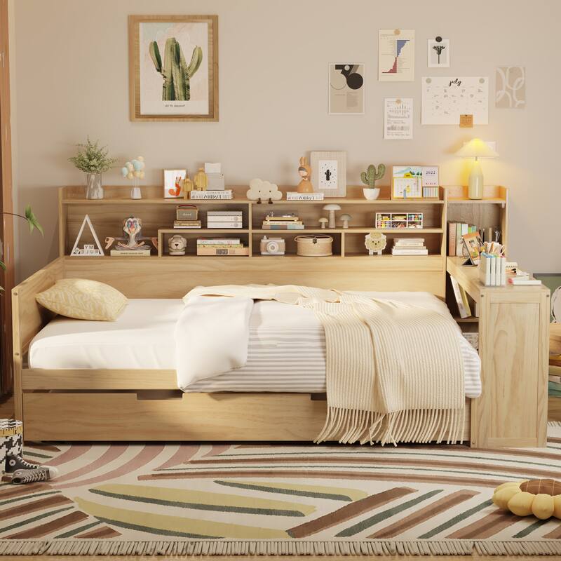 Full Size Daybed with Storage Shelves, Multi-Functional Bed with Twin Trundle and Built-In Study Desk, Space-Saving Design