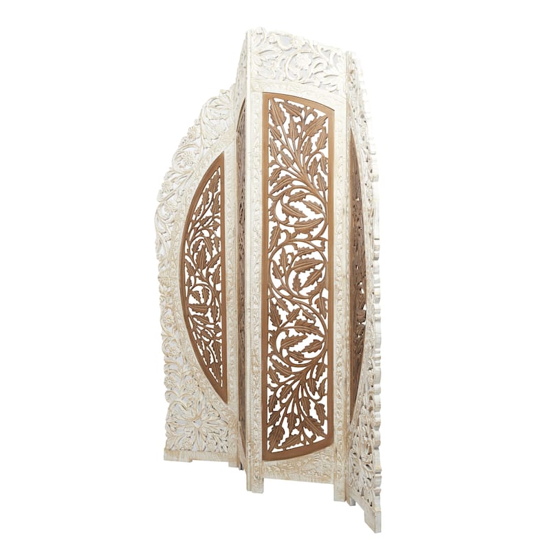 Mango Wood Floral Handmade Foldable Arched Partition 4 Panel Room Divider Screen - Brown - Roche River Decor