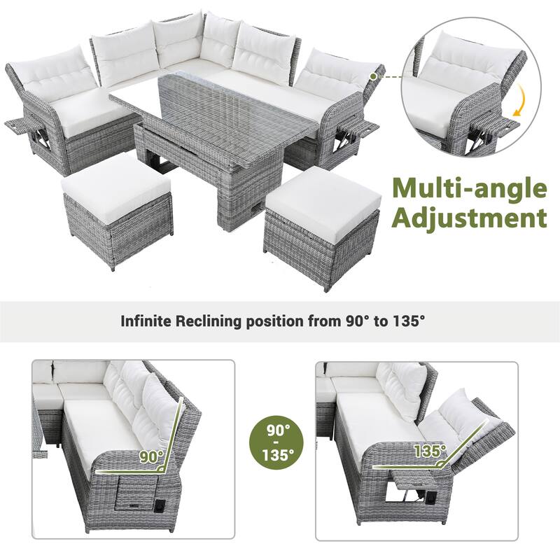 Outdoor Conversation Set with Adjustable Table, Recliners, 2 Ottomans