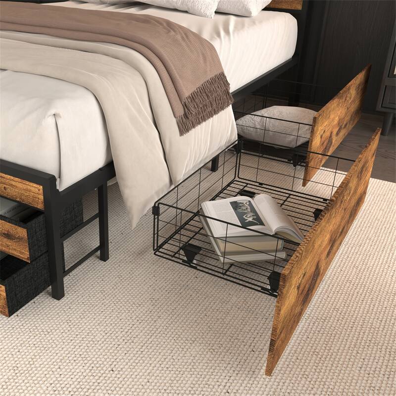 Full/Queen Size Metal Bed Frame w/ Drawers,LED Headboard,Charging Station