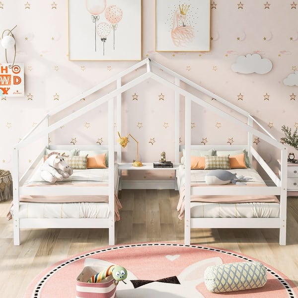 slide 2 of 9, Double Twin Triangular House Beds with Table White