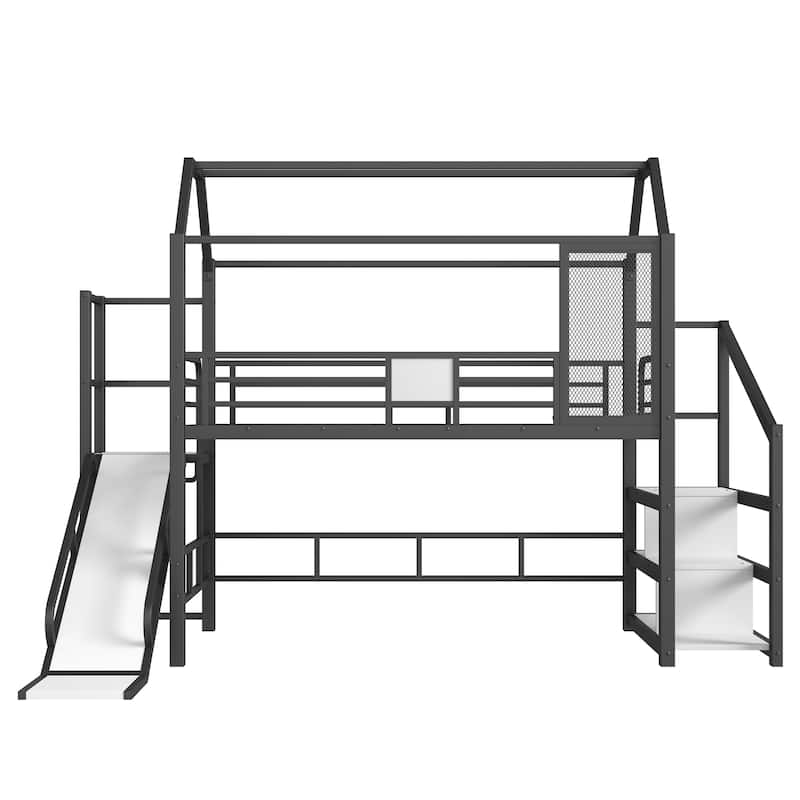 Fun Play House-shaped Loft Bed Metal Bed Frame with Grid and Shelves