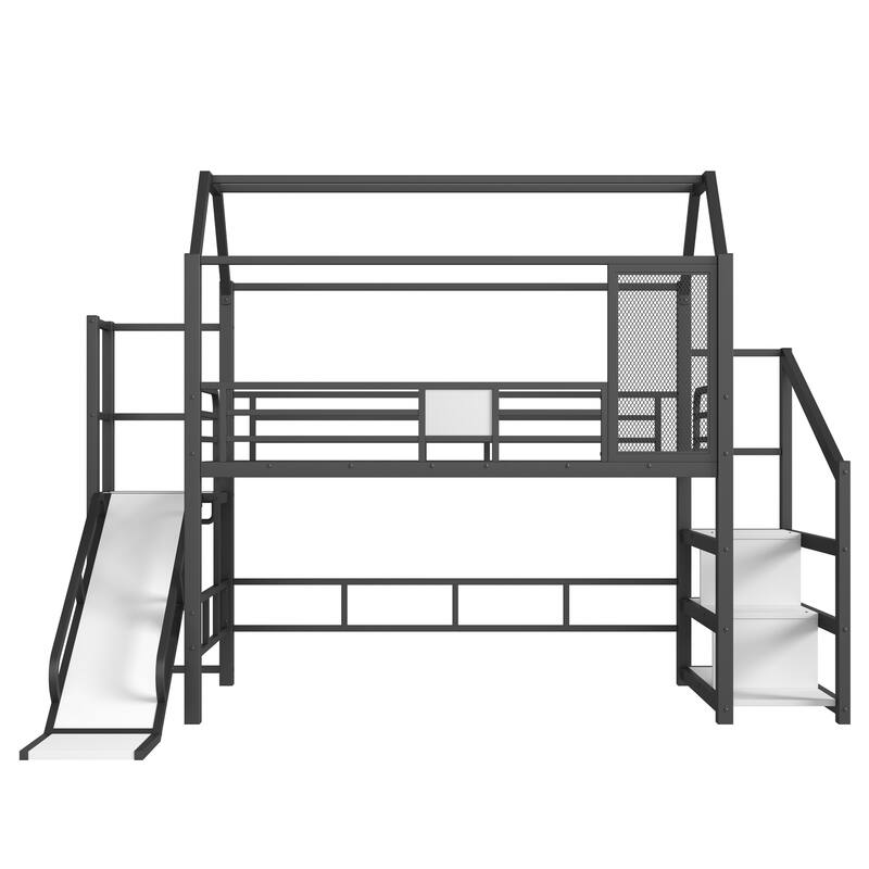 Roomfitters House Loft Bed with Slide and Stairs, Metal Playhouse Frame with Storage Shelves