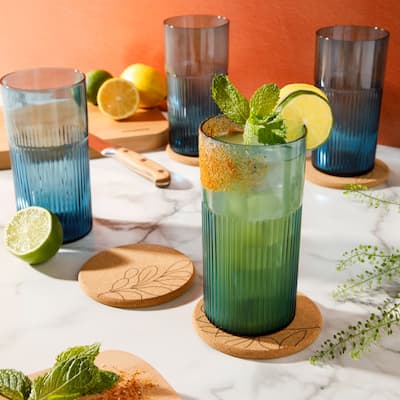 Bloomhouse Lyon Sky 8 Piece Hand Made 18 OZ Colored Glass Tumbler Set W/ Coasters