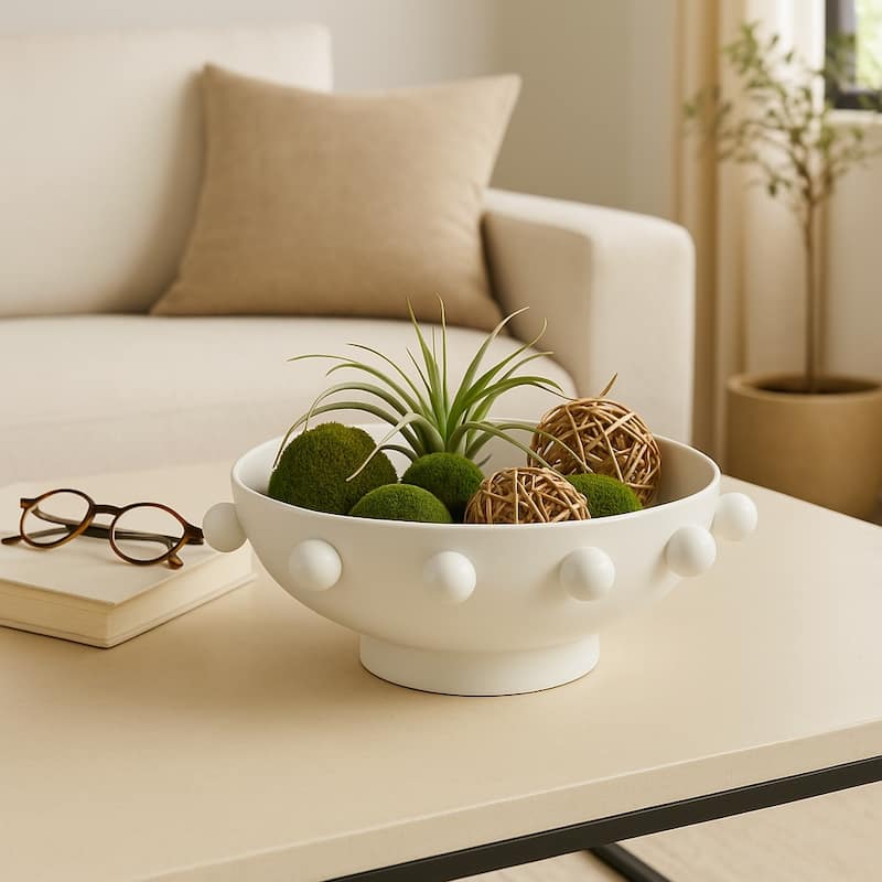 Decorative Round Metal Bowl with Beaded Rim - Home Decor - 11", White - 11.0" - White - 11.0"