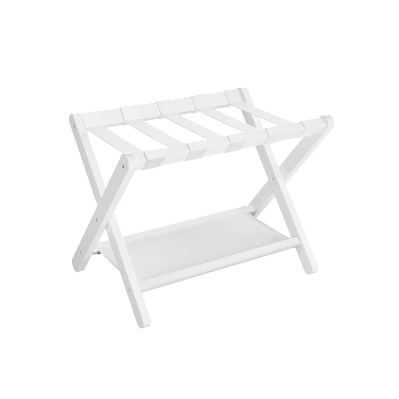 Wicker Luggage Rack with Nylon Support Straps and Storage Shelf Foldable Travel Suitcase Stand - Single - White