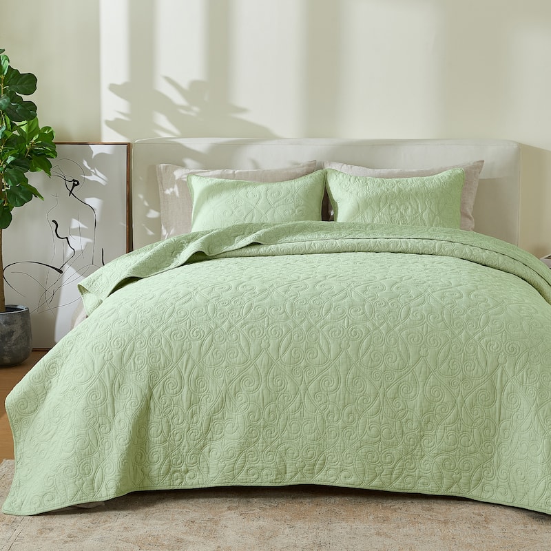 Patina Vie Maison 100% Cotton Stitched 3 Piece Quilt and Sham Set - Green - Scroll - Full - Queen