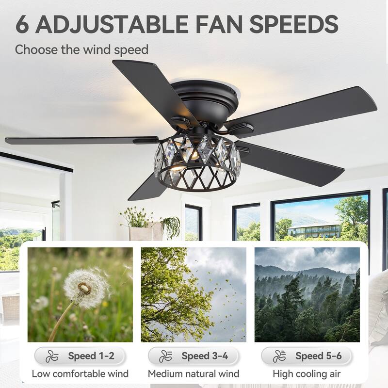 52 inch 5-Blade Flush Mount Crystal Ceiling Fan with Light Remote
