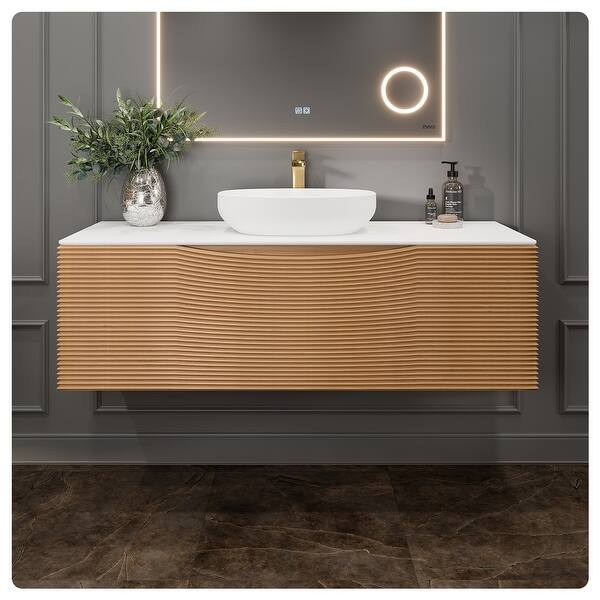 Eviva Leah 44 in. W x 20 in. D Medium Oak Wallmount Bathroom Vanity with White Solid Surface Top and Vessel Sink