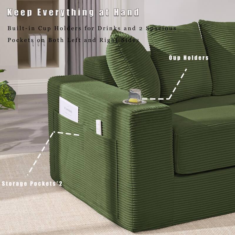 Convertible Corduroy Sleeper Loveseat Sofa Bed 3 Seater Floor Folding Couch with 5 Pillows, Cup Holders and Side Pockets