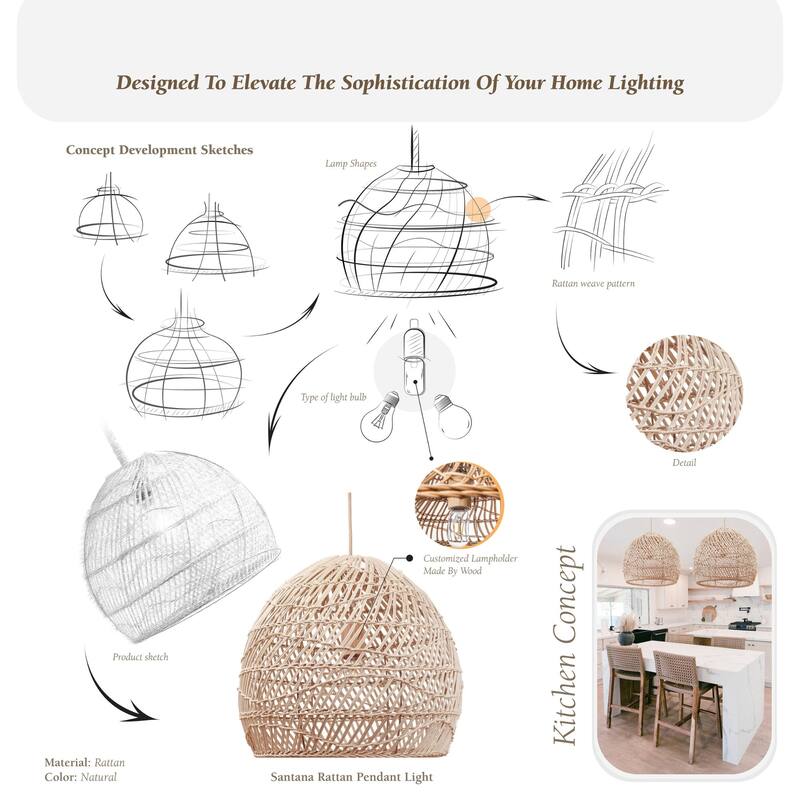 Santana Rattan Pendant Light - Natural Dome 1-Light Handwoven Light Fixture For Modern, Contemporary, Farmhouse Room Decor