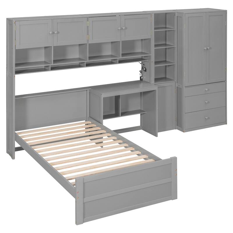 Twin Size Wood Platform Bed with Built-in Desk, Wardrobe, Cabinets & Drawers