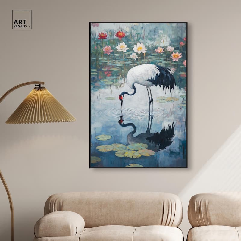Crane in Lilies Canvas by Art Remedy