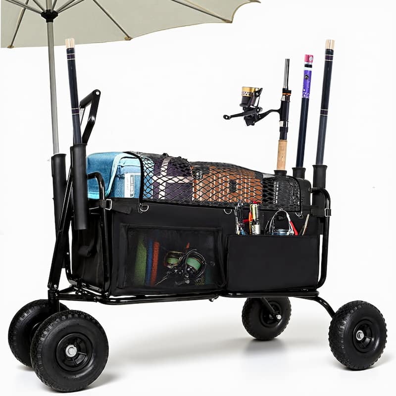 Fishing Cart Beach Cart Collapsible Wagon w/11'' All-Terrain Wheels for Sand, Heavy Duty Garden Cart with Rod Holders