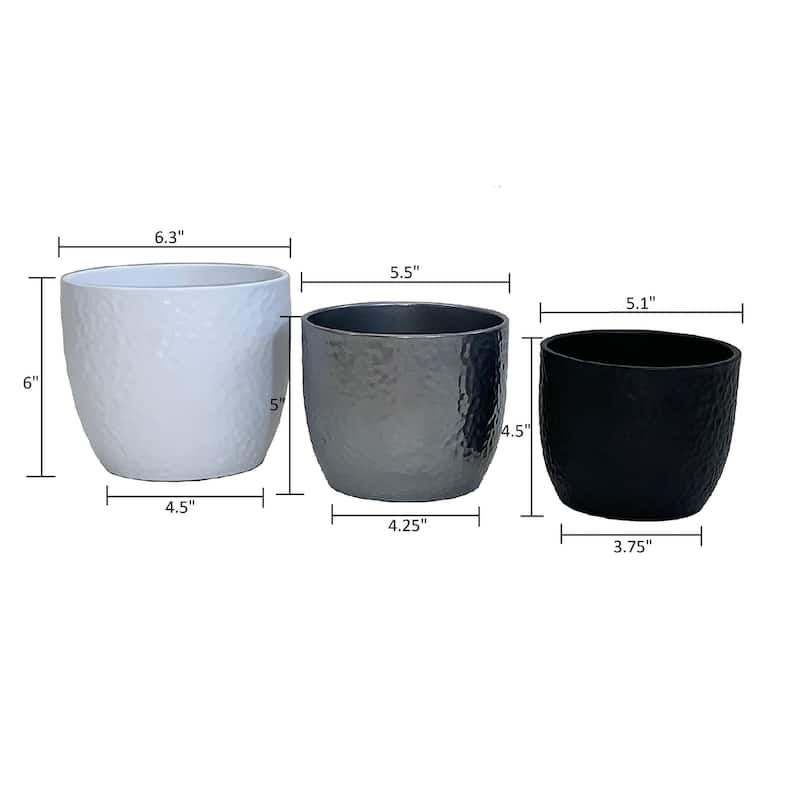 3 Piece Set of Indoor Ceramic Plant Pots, Boston 6.3" White, 5.5" Silver, 5.1" Anthracite - 6.3"D, 5.5"D, 5.1"D