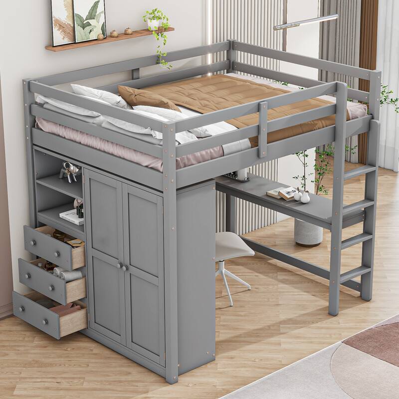Full Size Loft Bed with Built-in Wardrobe, Desk, Storage Shelves and Drawers, Gray - Gray