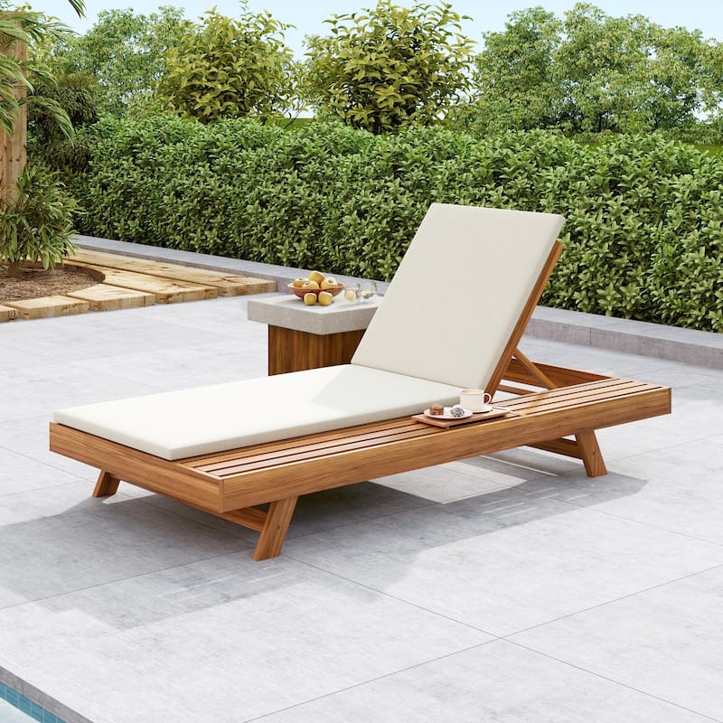 One-sided Open Storage Lounge Chairs Outdoor Patio Acacia Wood Chaise Lounge with Adjustable Backrest & Water-repellent Cushions - 2" Cream Cushions - 1pc