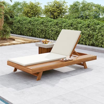 One-sided Open Storage Lounge Chairs Outdoor Patio Acacia Wood Chaise Lounge with Adjustable Backrest & Water-repellent Cushions