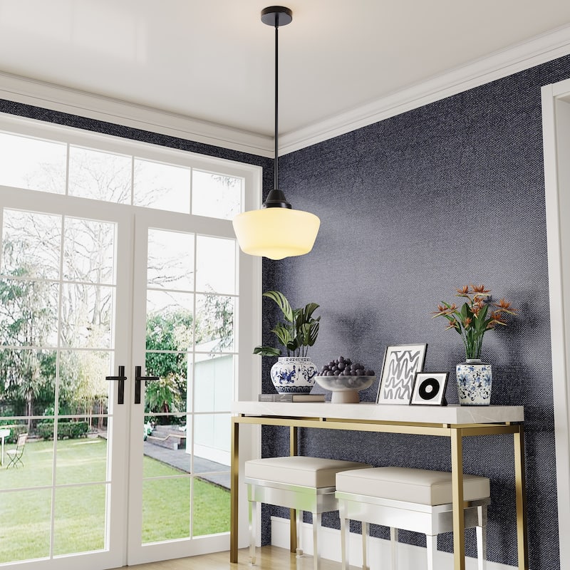 Modern Black 1-Light Pendant Light Fixture with Opal Glass Shade
