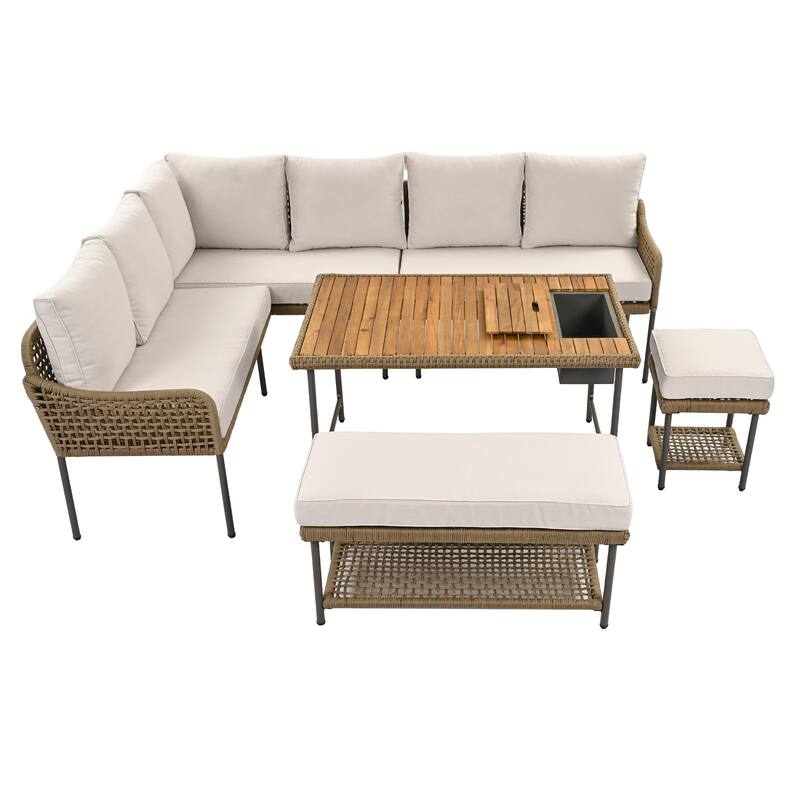 6-Piece Rope Patio Furniture L-Shaped Set with Acacia Wood Table & Rope Benches, Outdoor Sectional Sofa Set wThick Cushion