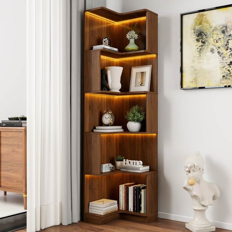 68.90"H Freestanding 5-Tier Corner Bookshelf Bookcase Display Shelf with Baffle - Walnut