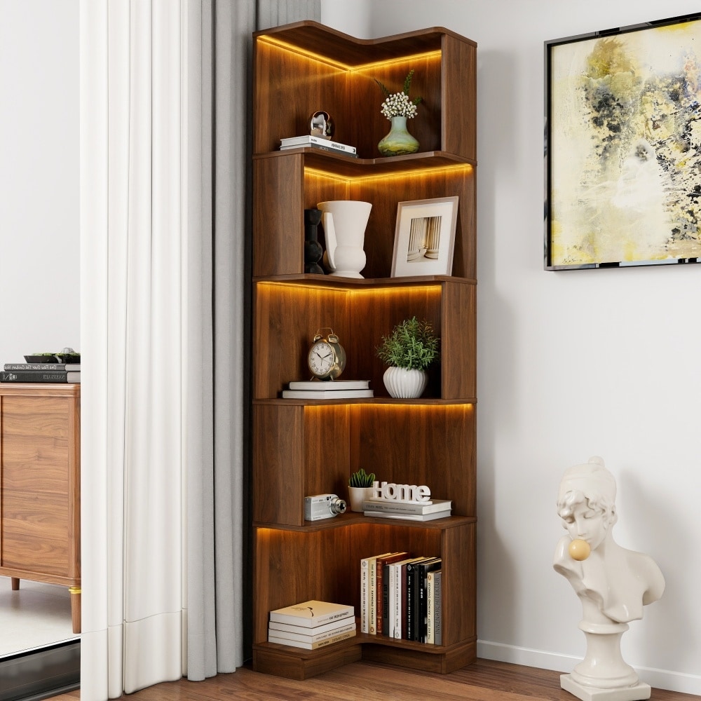 68.90"H Freestanding 5-Tier Corner Bookshelf Bookcase Display Shelf with Baffle and Led Lights