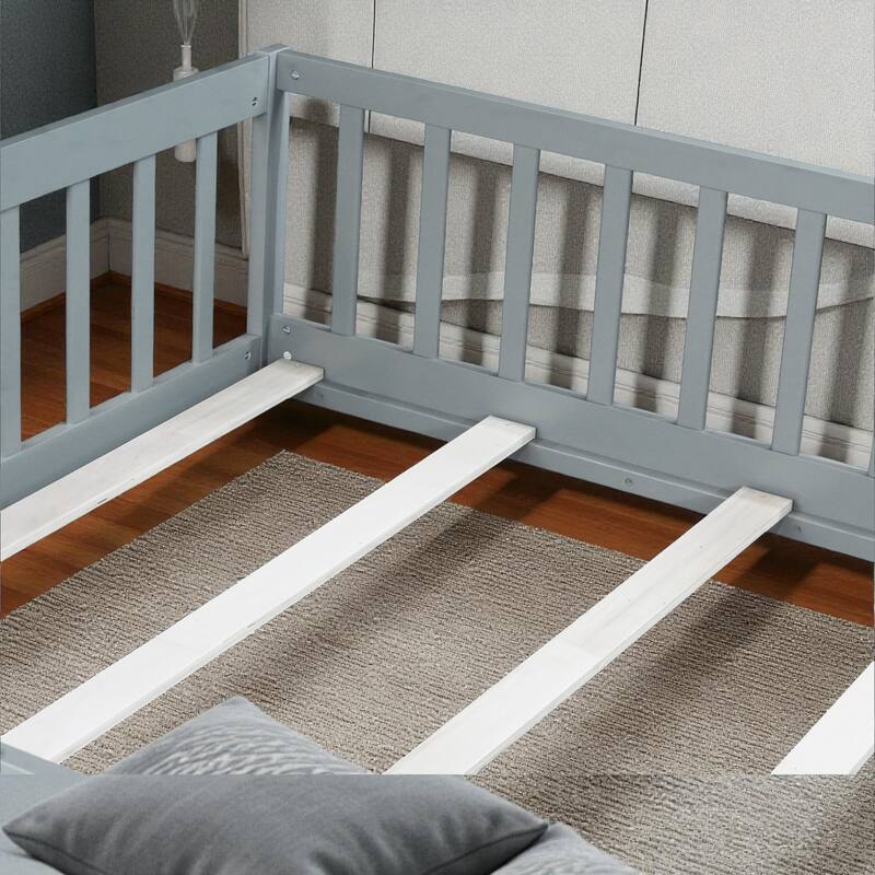 Full Size Rubber Wood Floor Bed with Fence and Door, Montessori Platform Bed with Safety Guardrails for Kids