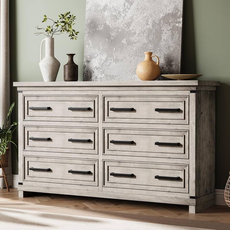 6 Drawer Dresser for Bedroom, 55” Rustic Wood Chest of Drawers - Light Rustic Oak