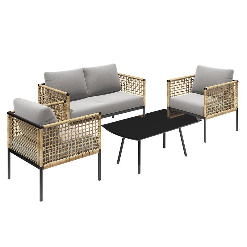 4-piece Waterproof Fabric Sofa Set (2+1+1) with PE Woven & Marble Table