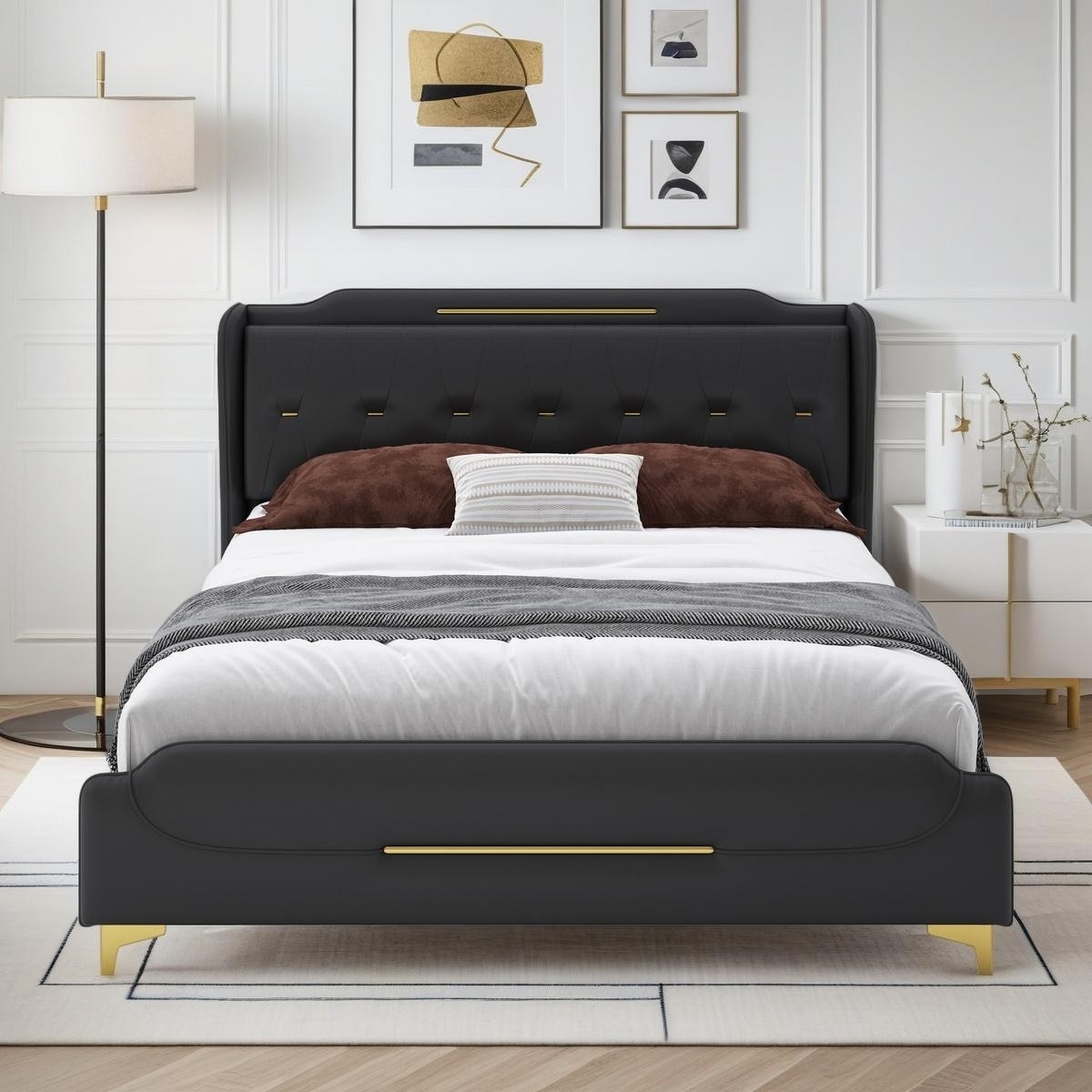 King Size PU Leather Platform Bed Frame with Wingback Headboard & Footboard, Metal Accents, Wood Slats, No Box Spring Needed