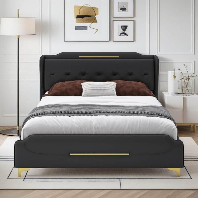 Queen Size Leather Bed frame with Wingback Headboard & Footboard, PU Upholstered Platform bed, Solid Wooden Slats Support - Black