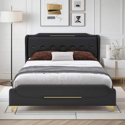 Roomfitters King Size PU Upholstered Platform Bed Frame with Wingback Headboard and Footboard, Solid Wood Slats Support