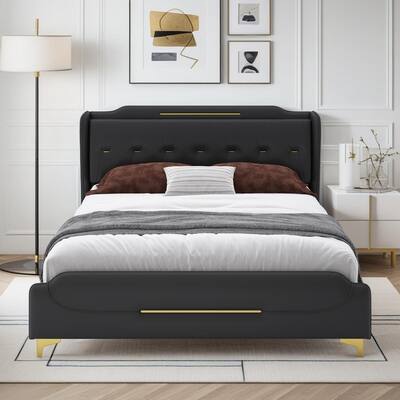 Roomfitters Queen Size Upholstered Platform Bed Frame with Wingback Headboard and Footboard, Faux Leather Tufted Bed
