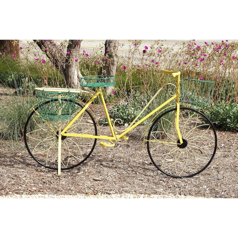 Metal Bike Indoor Outdoor Wire Design Plantstand with Basket and Saddle Bag Planters - Blue or Yellow - Roche River Decor