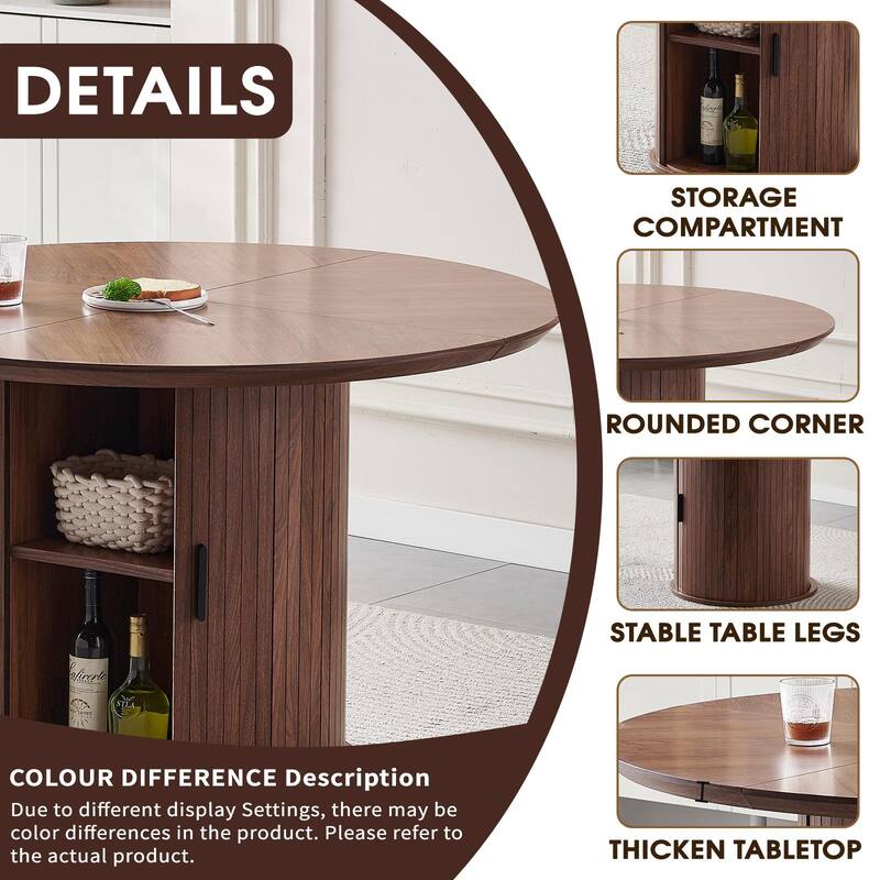 Round Dining Table with Two Layers of Storage Shelves. Wood Tea Desk, Flexible-opening Storage Door, Large Storage Space