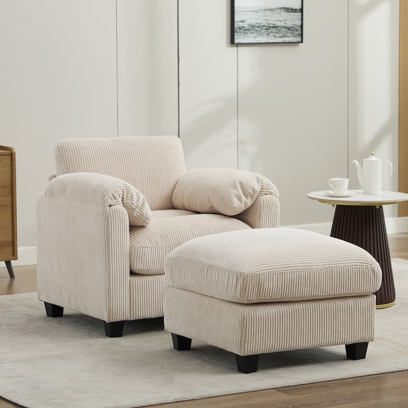 Corduroy Single Sofa Chiar with A Removable Ottoman - Off White