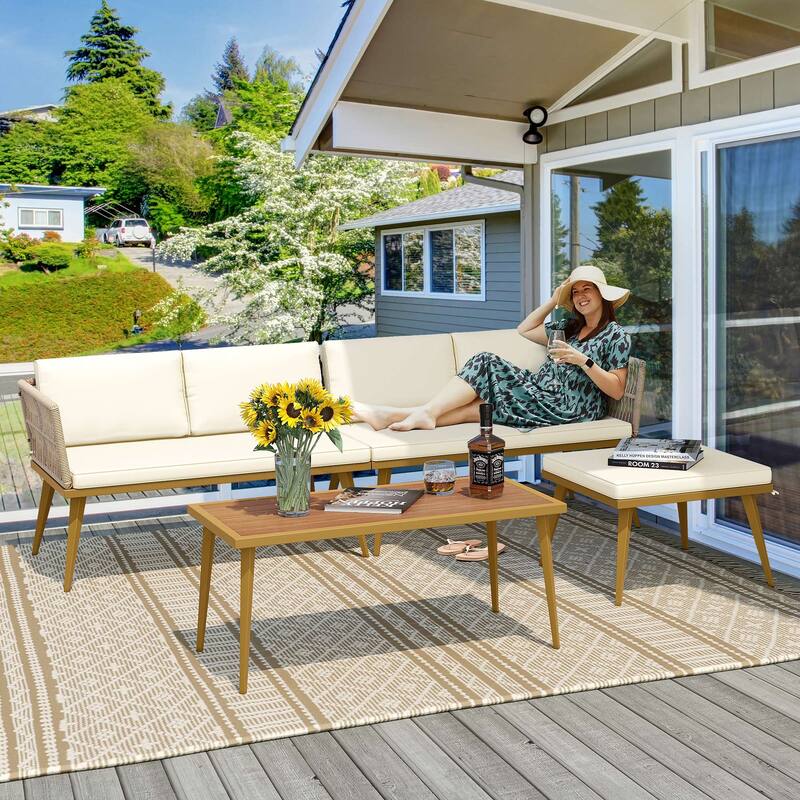 Moasis 4-Piece Outdoor Patio Conversation Set Wicker Sectional L-Shaped Sofa with Cushions and Side Table