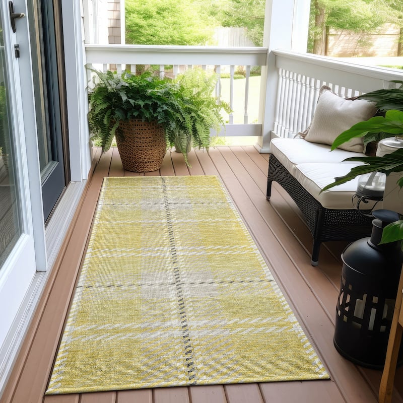 Machine Washable Indoor/ Outdoor Chantille Plaid Cozy Rug - Yellow - 2'3" x 7'6"