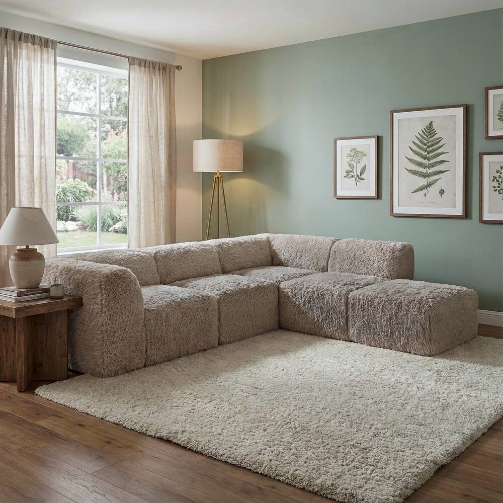 Furniture of America Ylena Modern 5-Piece Faux Fur Foam Modular Compressed Sectional Sofa with Ottoman