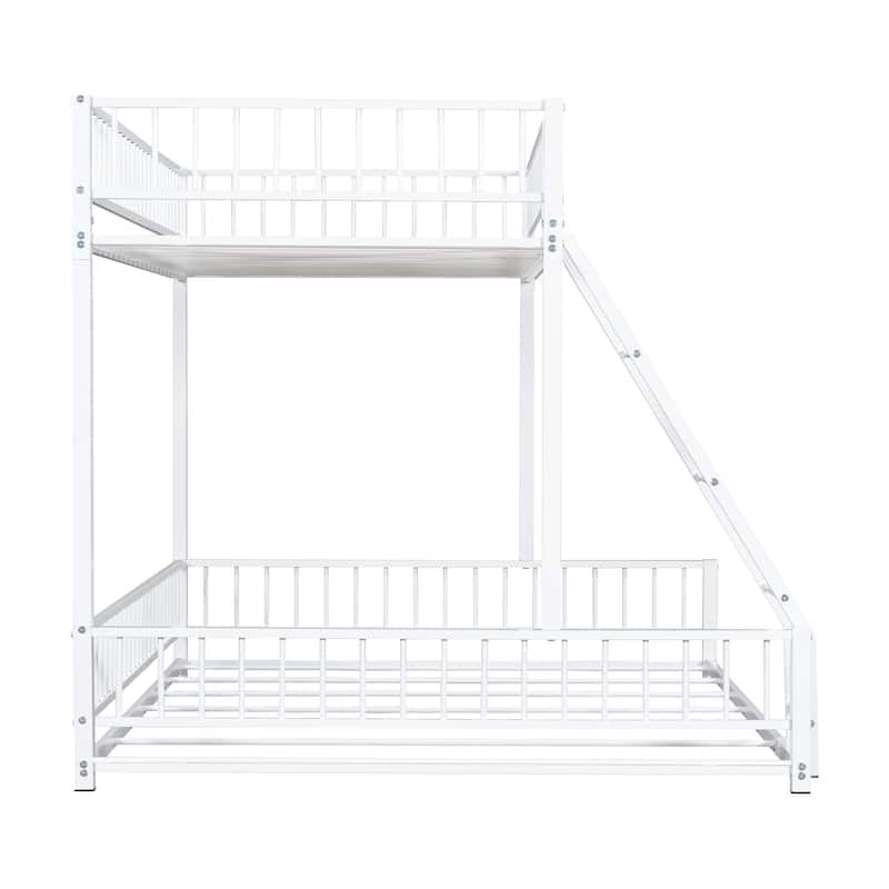 Roomfitters Twin/Full XL over Queen Floor Bunk Bed Frame with Ladder and Safety Guardrails Easy Assembly, Black