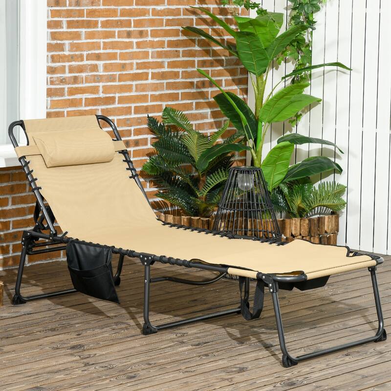 Foldable Outdoor Mesh Chaise Lounger Chair with 5-Position Backrest, Headrest and Side Pocket for Beach Patio Poolside - Beige