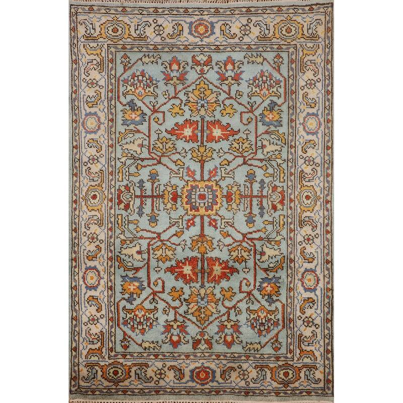 Blue Oushak Oriental Foyer Rug Hand-Knotted Wool Carpet - 4'0"x 6'0"