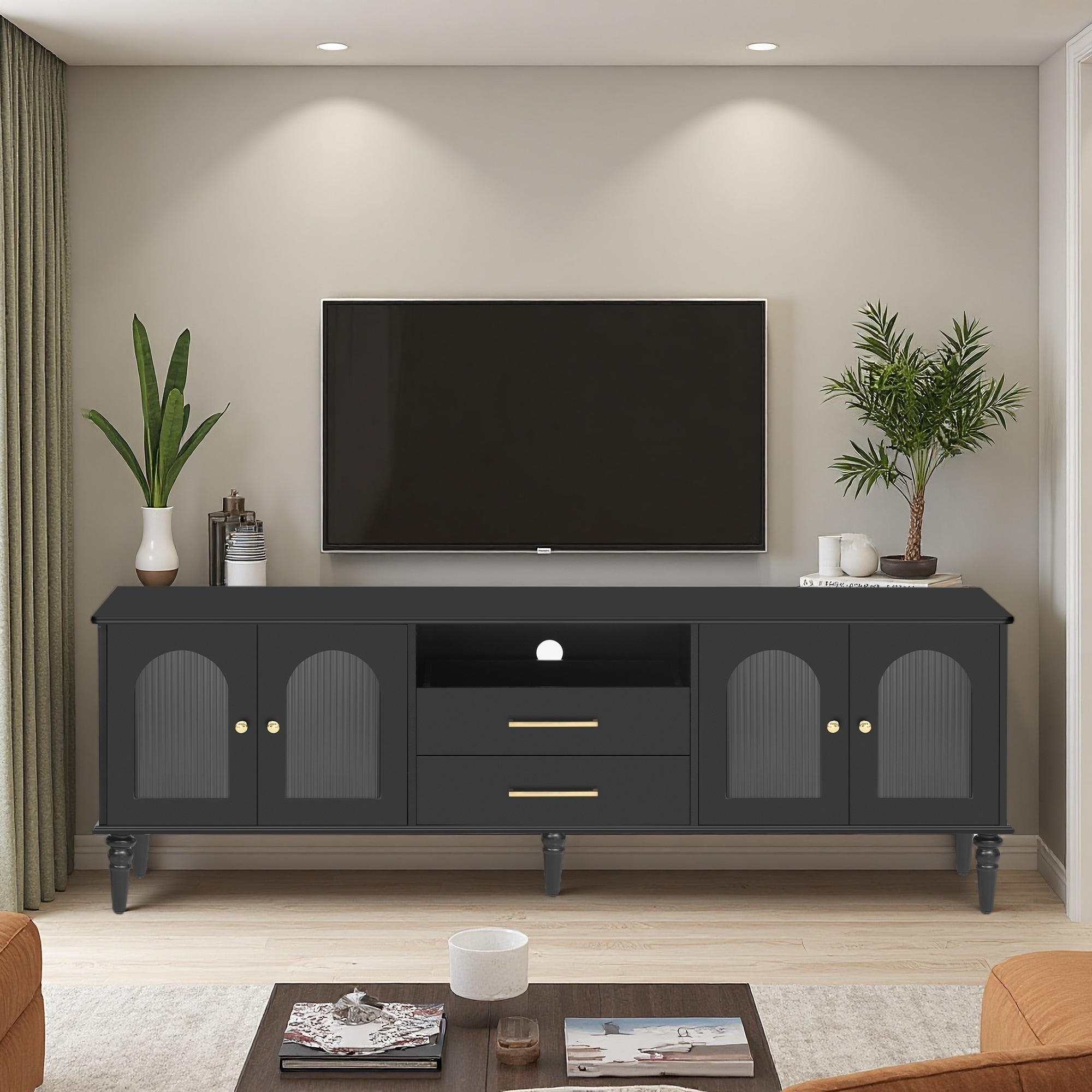 68.9" TV Stand with Fluted Glass Doors and Five Solid Wood Legs for TVs with Cable Management and Adjustable Leg Height